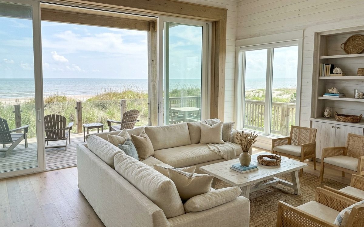 Beach house living room opening onto a deck, dunes and the sea