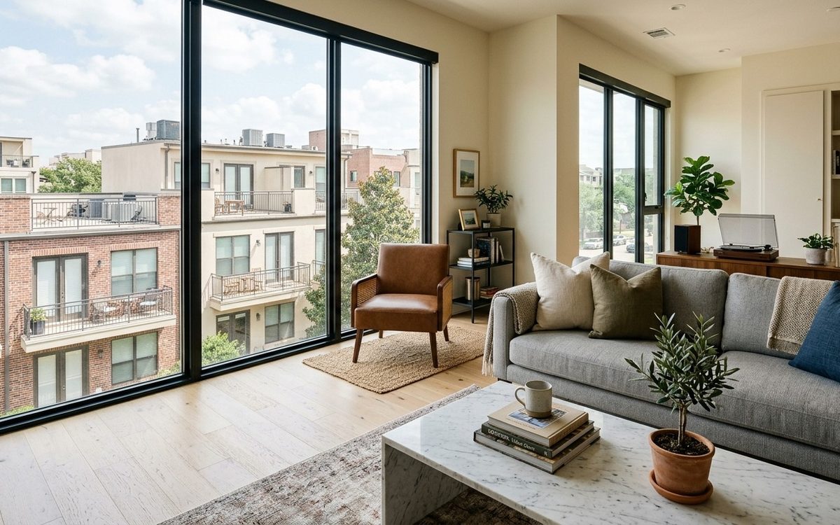 Bright condominium living room with tall windows over neighbouring balconies