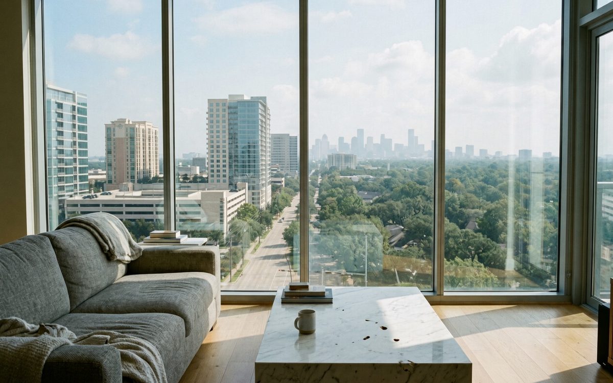 High-rise living room with floor-to-ceiling windows over the Houston skyline
