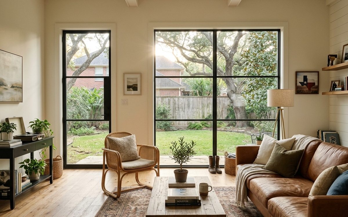 Sunlit living room of a single family home, looking out to the garden